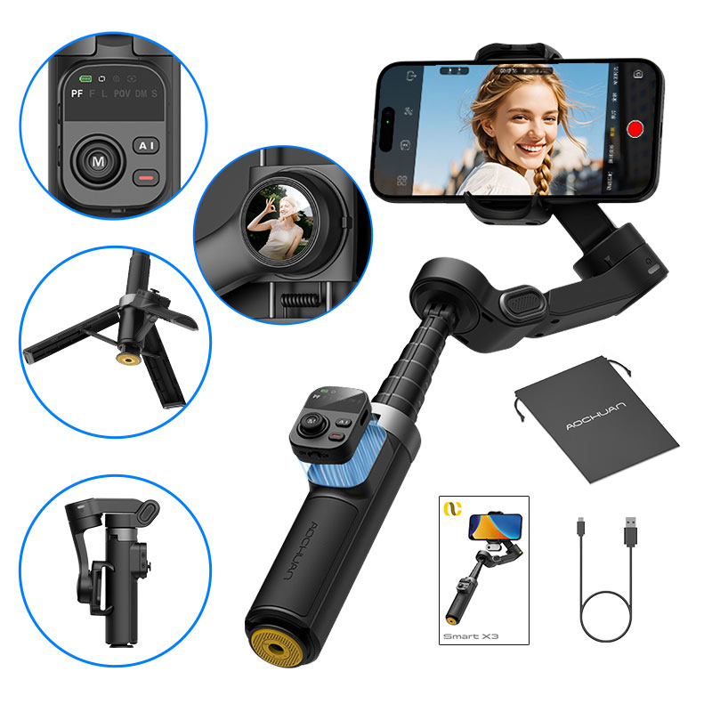 Selfie Stick Tripod - AOCHUAN スマートX3 360 ° iPhoneおよびAndroidスマートフォン用パン回転ジンバルスタビライザー、内蔵延長ロッドとワンタッチオープン三脚付き3軸スタビライザー、Vlog撮影や旅行用折りたたみ式スマホジンバル