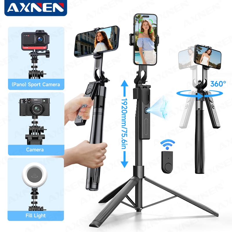 Selfie Stick Tripod - AI追跡機能付きジンバル自撮り棒 携帯電話スタンド ワンクリックポップアップ三脚 最大75.59インチまで伸縮 反振機能付き 360度回転